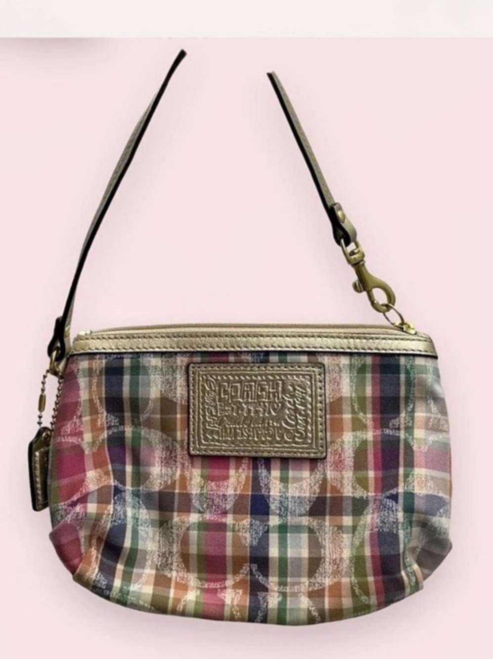 Coach Poppy Tartan Plaid Wristlet in Multicolor & Pink